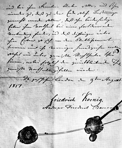 The deed of partnership dated Aug 9, 1817, signed by Friedrich König and Andreas Bauer